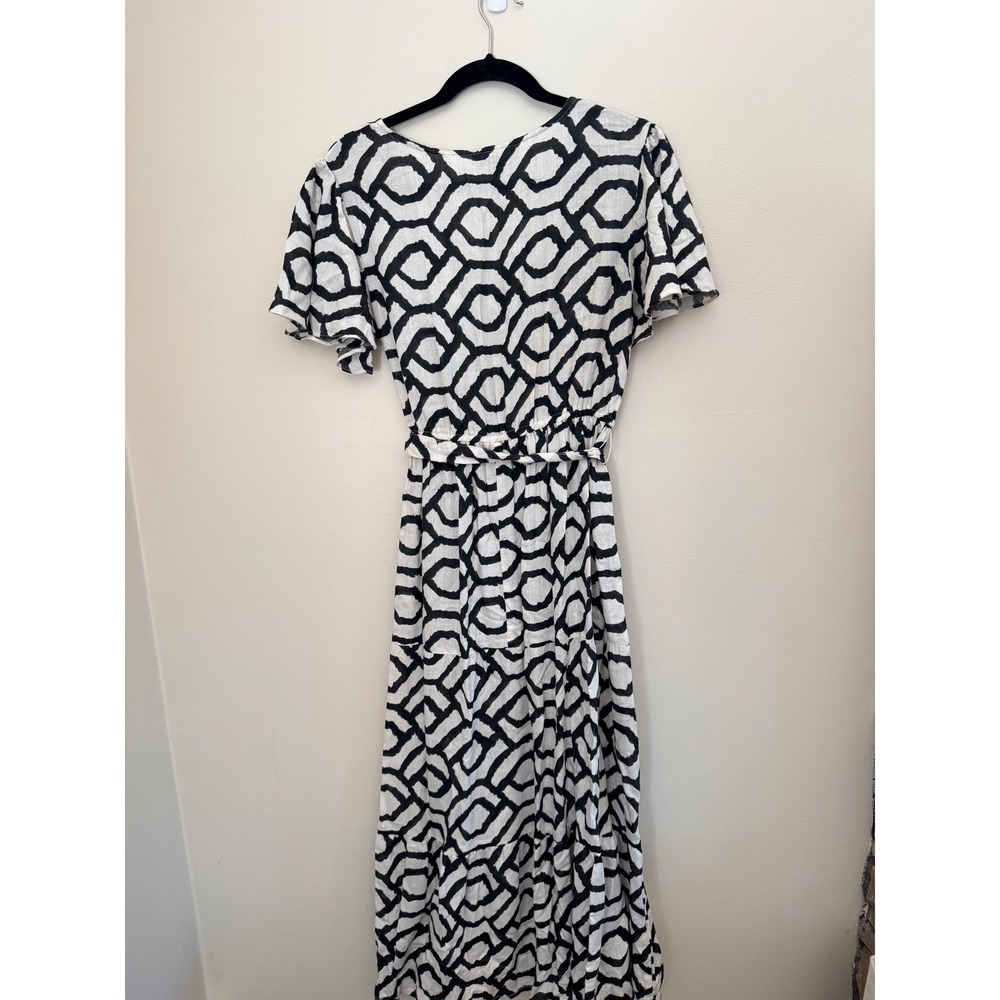 Cassee's Black White Geometric Abstract Midi Dress Cotton Linen Blend Size M - Picture 6 of 6
